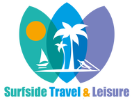 Surfside Travel & Leisure logo - green, blue, and purple surf boards